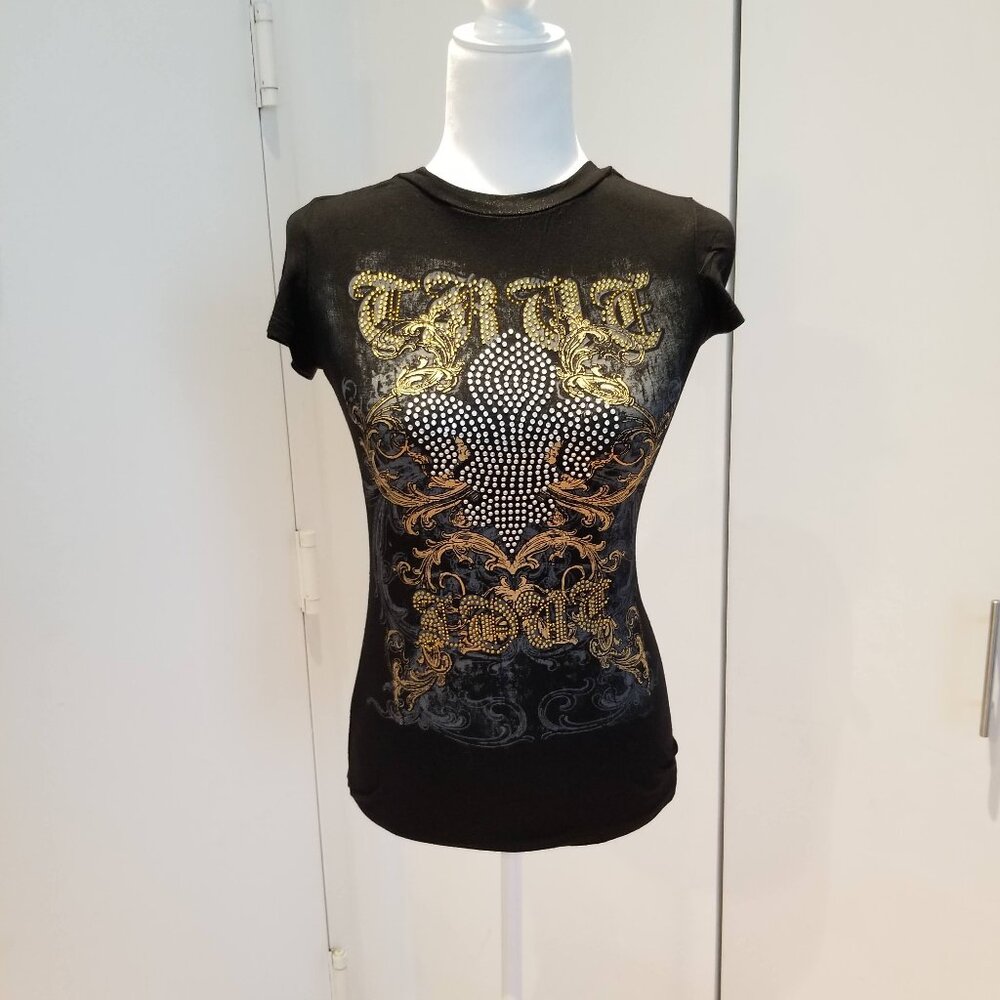 Peer Tee TRUE Bling Bodycon Black Short Sleeve Tee: Size S